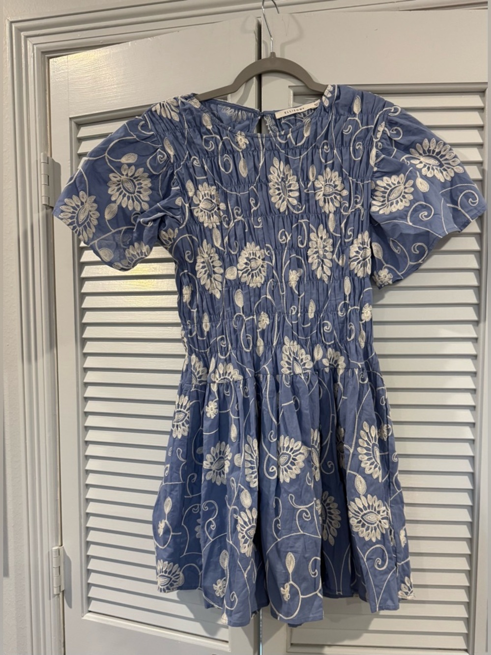 Ellison Blue Mini Dress with White Floral Embroidery
